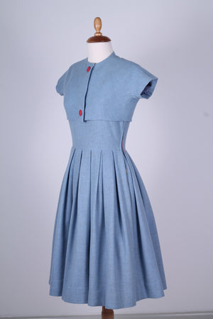 Solgt vintage tøj - Lyseblå hvedagskjole i uld med bolero1950. S - Solgt - Vintage Divine - 3