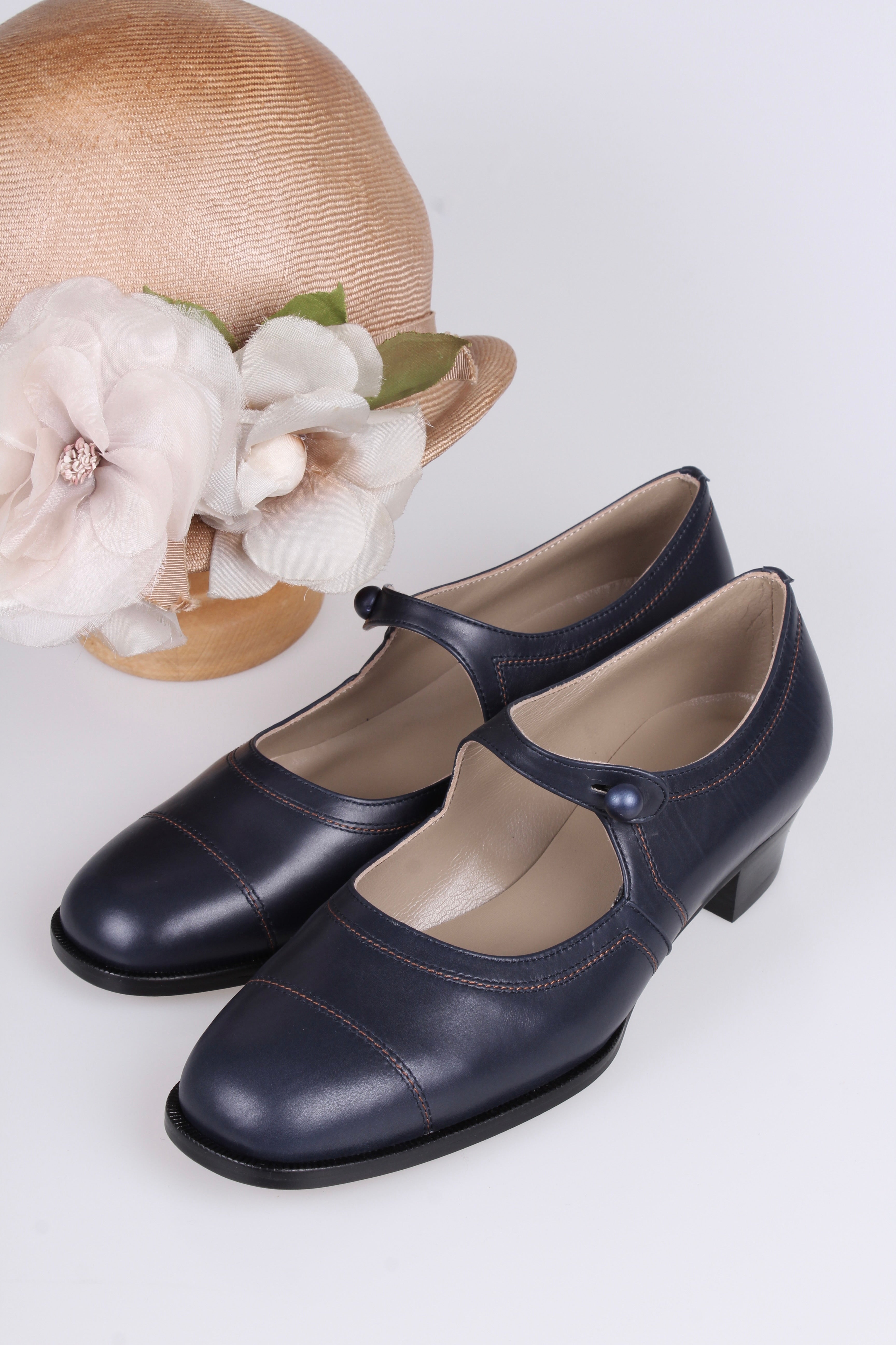 Mary Jane 1920'er vintage style sko med knap - Navy Blå - Ruby