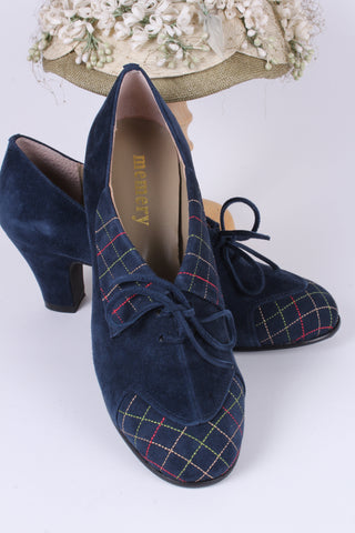 1940'er ruskinds pumps med flerfarvet syet mønster - Marineblå - Edith
