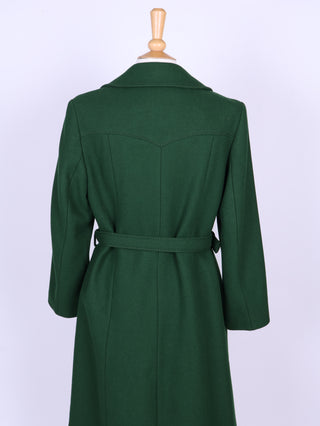 Grøn frakke i uld med bælte. 1970. M/L
