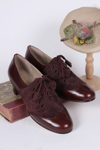 40’er Oxford snøresko i læder og ruskind - Mørkebrun / Aubergine - Clara
