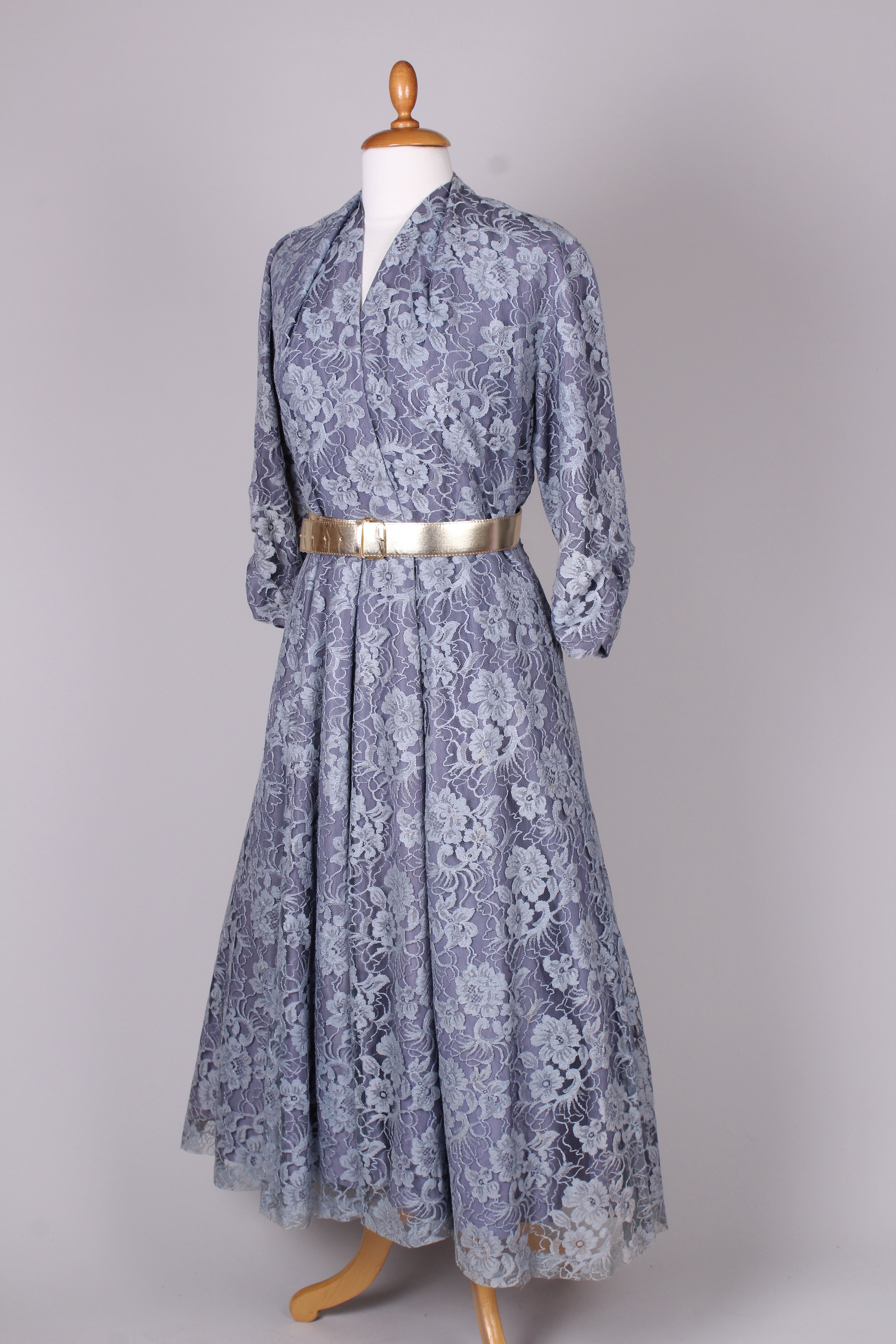 Støvet blå blonde selskabskjole 1950, XL - XXL