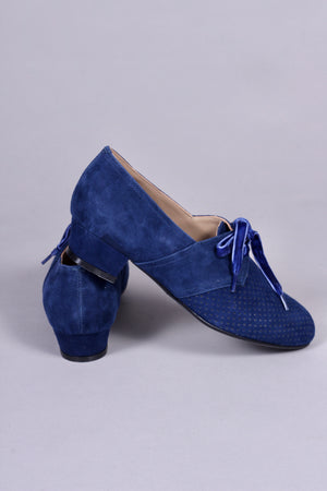 1940'er vintage style Oxford sko i ruskind med snøre - Lav hæl - Navy Blå - Esther