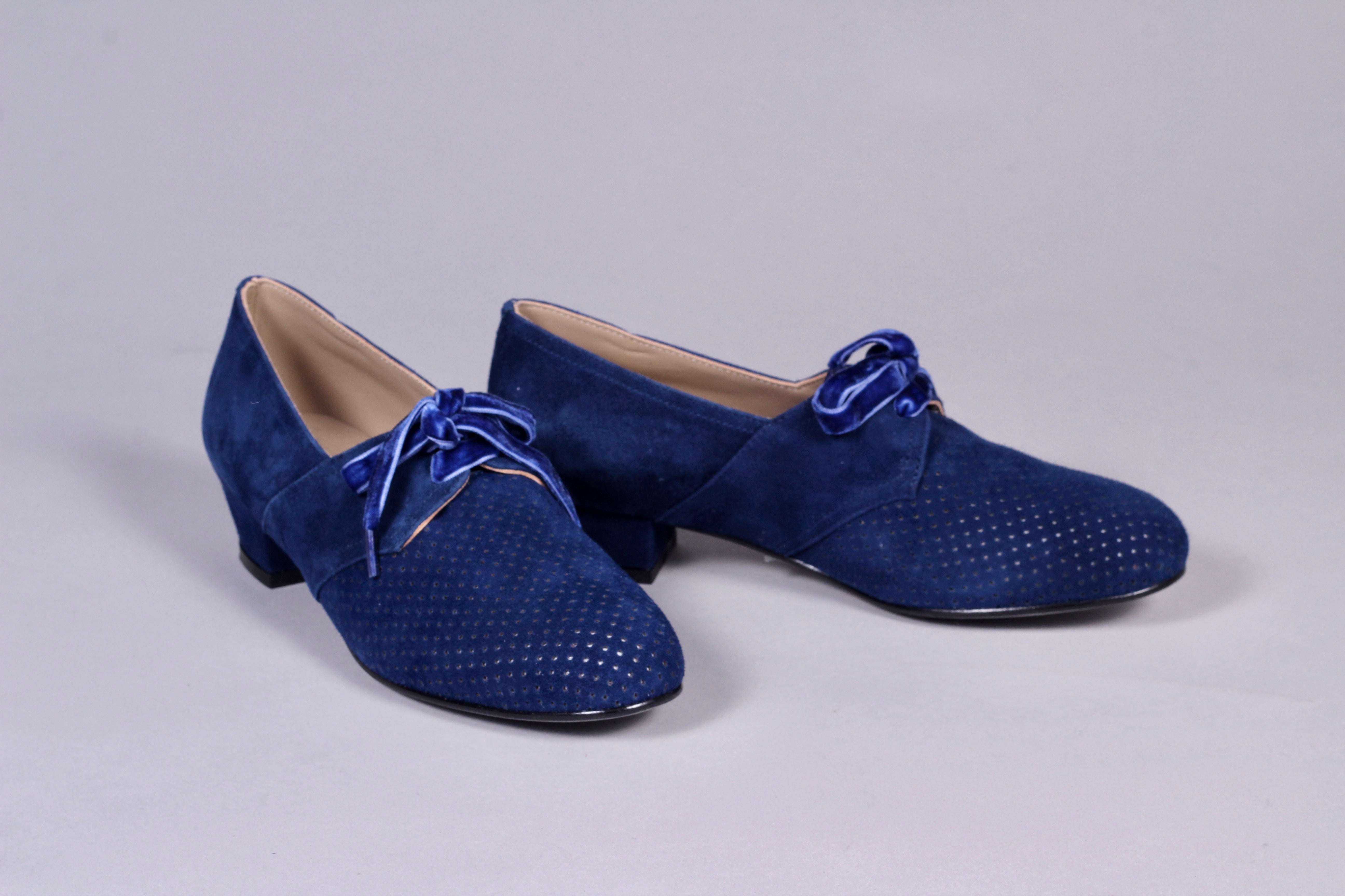 vintage style Oxford sko ruskind med snøre - Lav hæl - Navy – Vintage Divine v. memery Aps