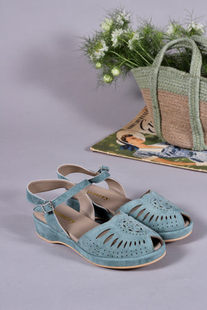 Bløde 1940'er / 1950'er inspirerede sandaler - Støvet blågrøn - Ella