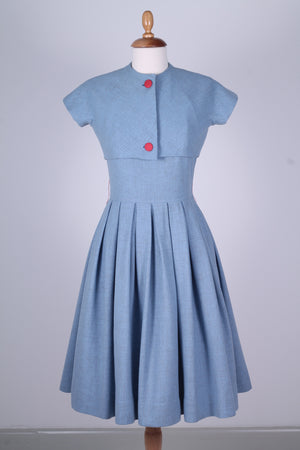 Solgt vintage tøj - Lyseblå hvedagskjole i uld med bolero1950. S - Solgt - Vintage Divine - 2