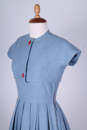 Solgt vintage tøj - Lyseblå hvedagskjole i uld med bolero1950. S - Solgt - Vintage Divine - 7